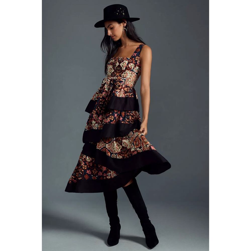 Anthropologie Floral Print Square Neck Tiered Bohemian Boho Midi Dress Sz MP NWT